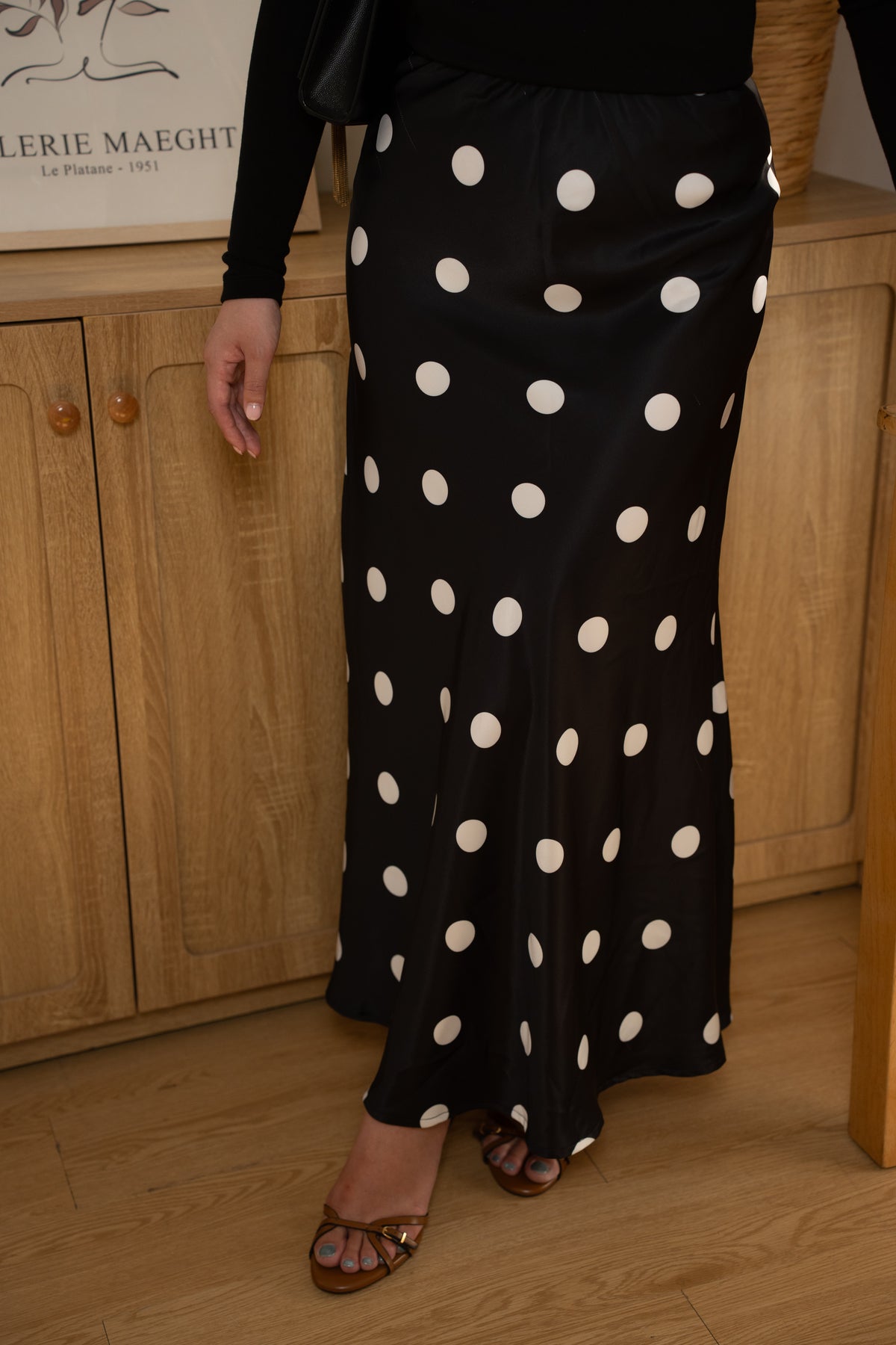 Black Polka Dot Silky Slip Skirt